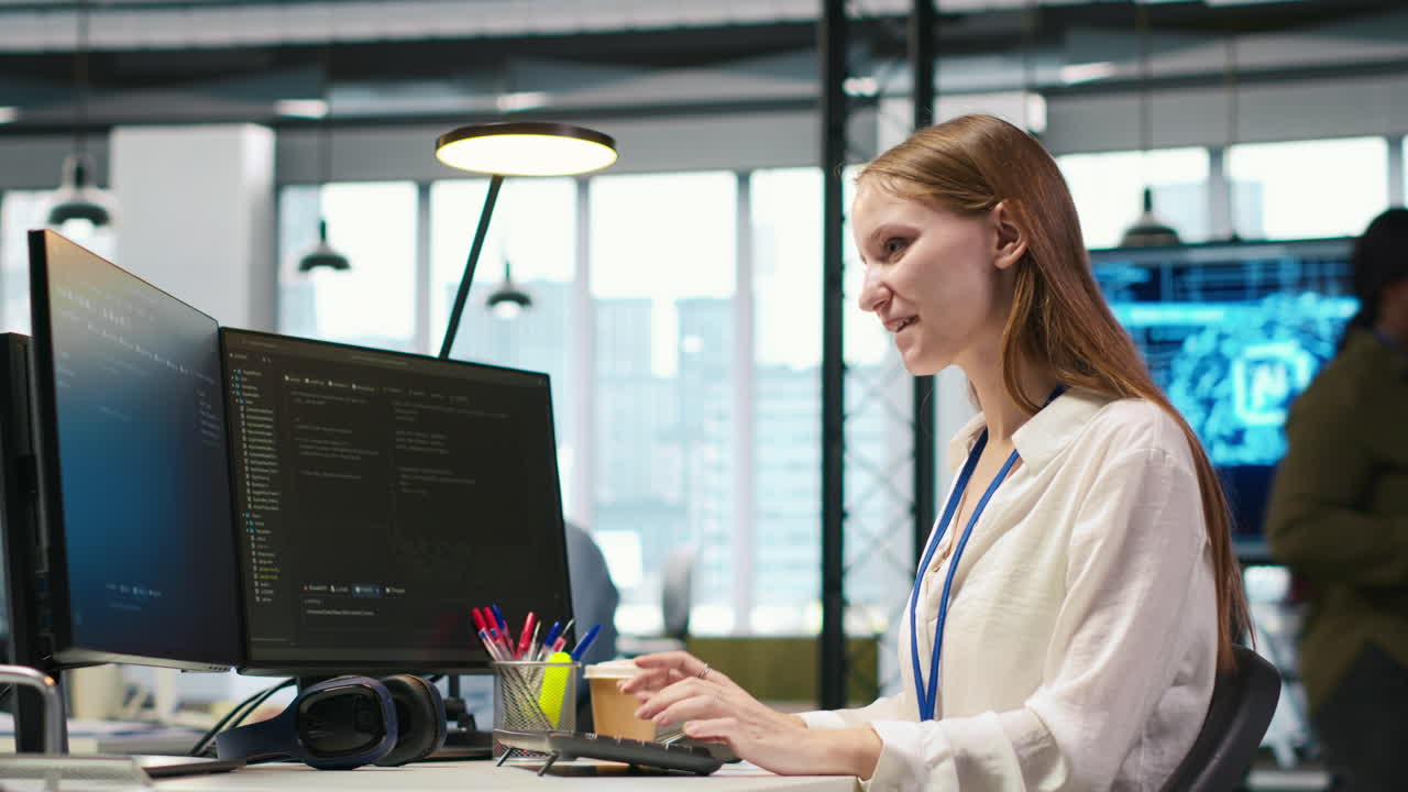 Happy Female Programmer Dancing On Office Desk Chair