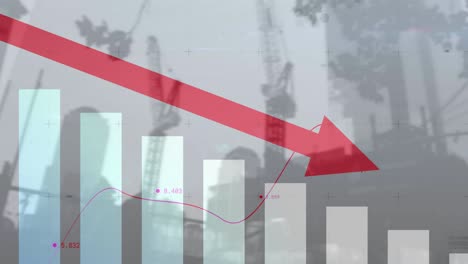 animation of financial data processing with red arrow descending over construction site