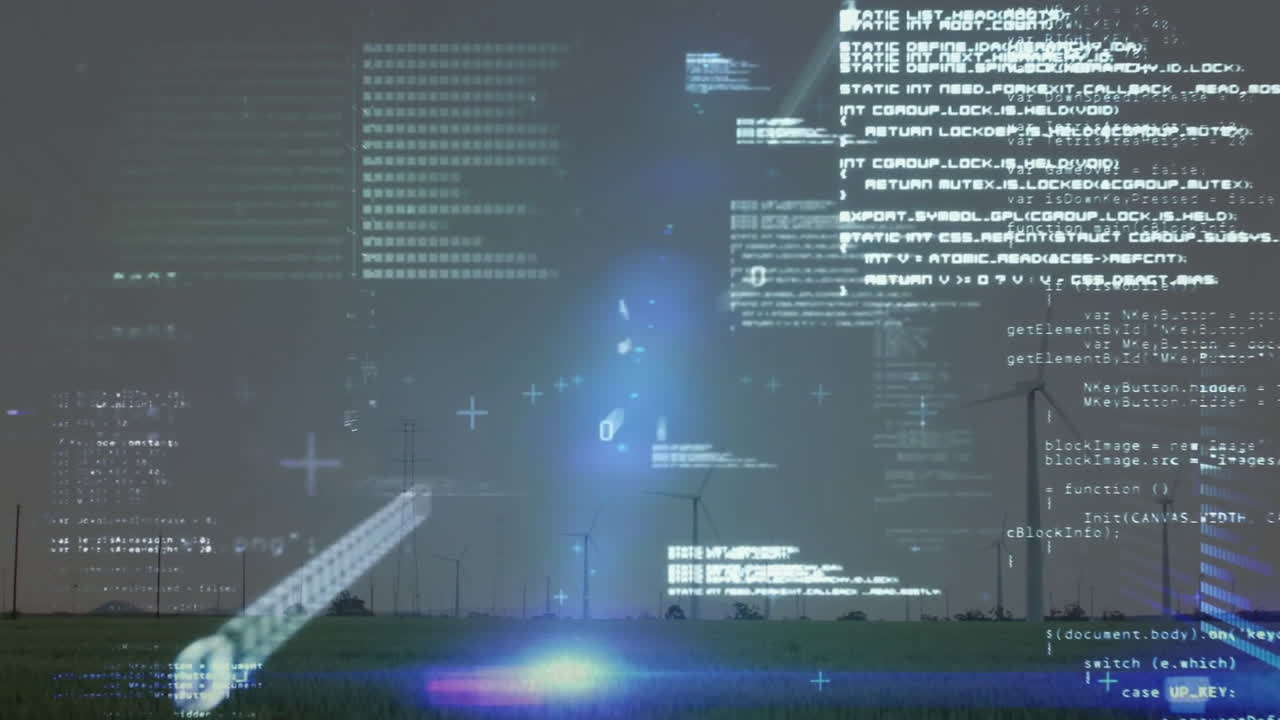 Wind turbine spinning over rural field, flat design showing code blocks, grid, blue data beam