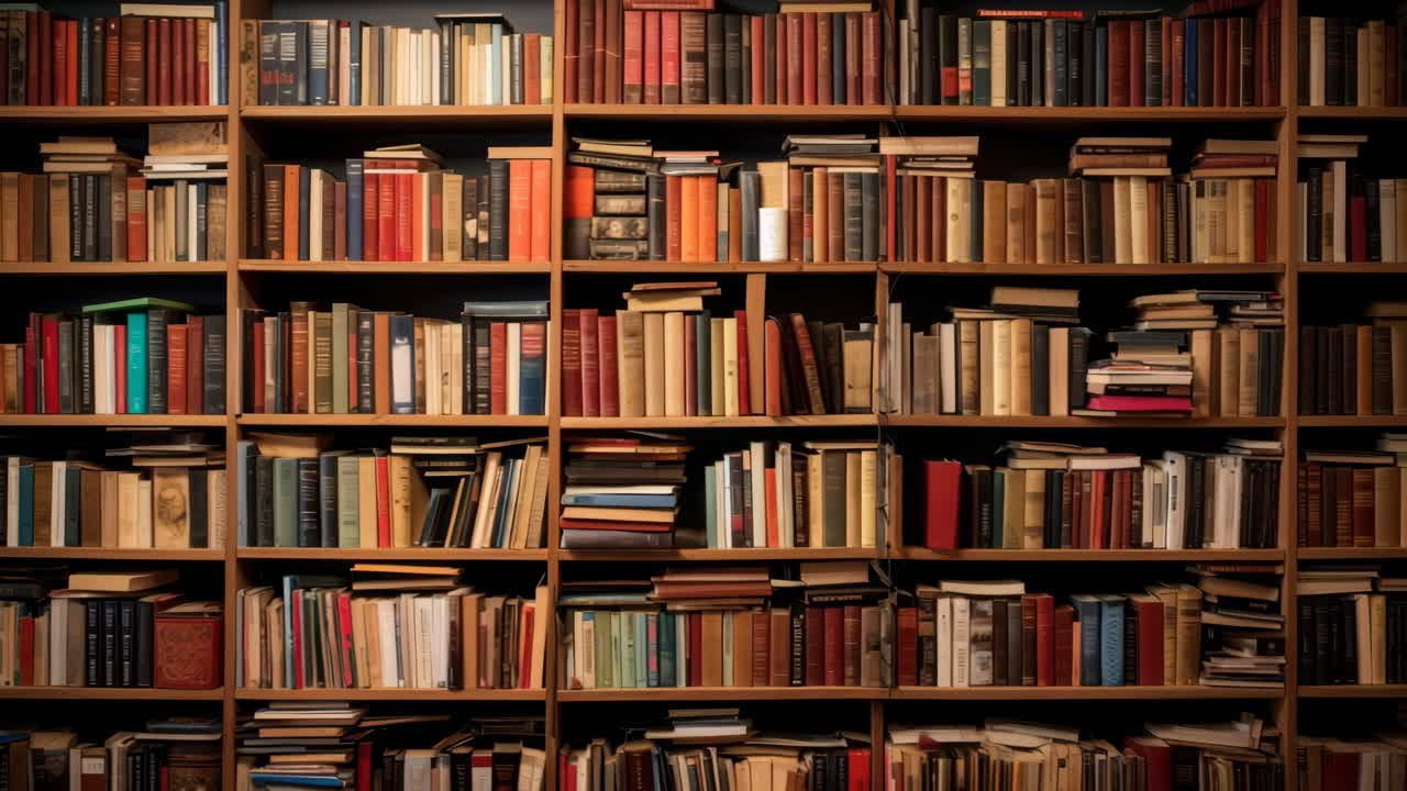 A video-style image of a library bookshelf filled with colorful books, captured from a straight-on