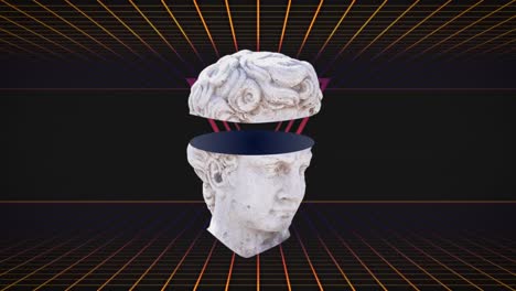 animation of antique sliced head sculpture over grid on black background