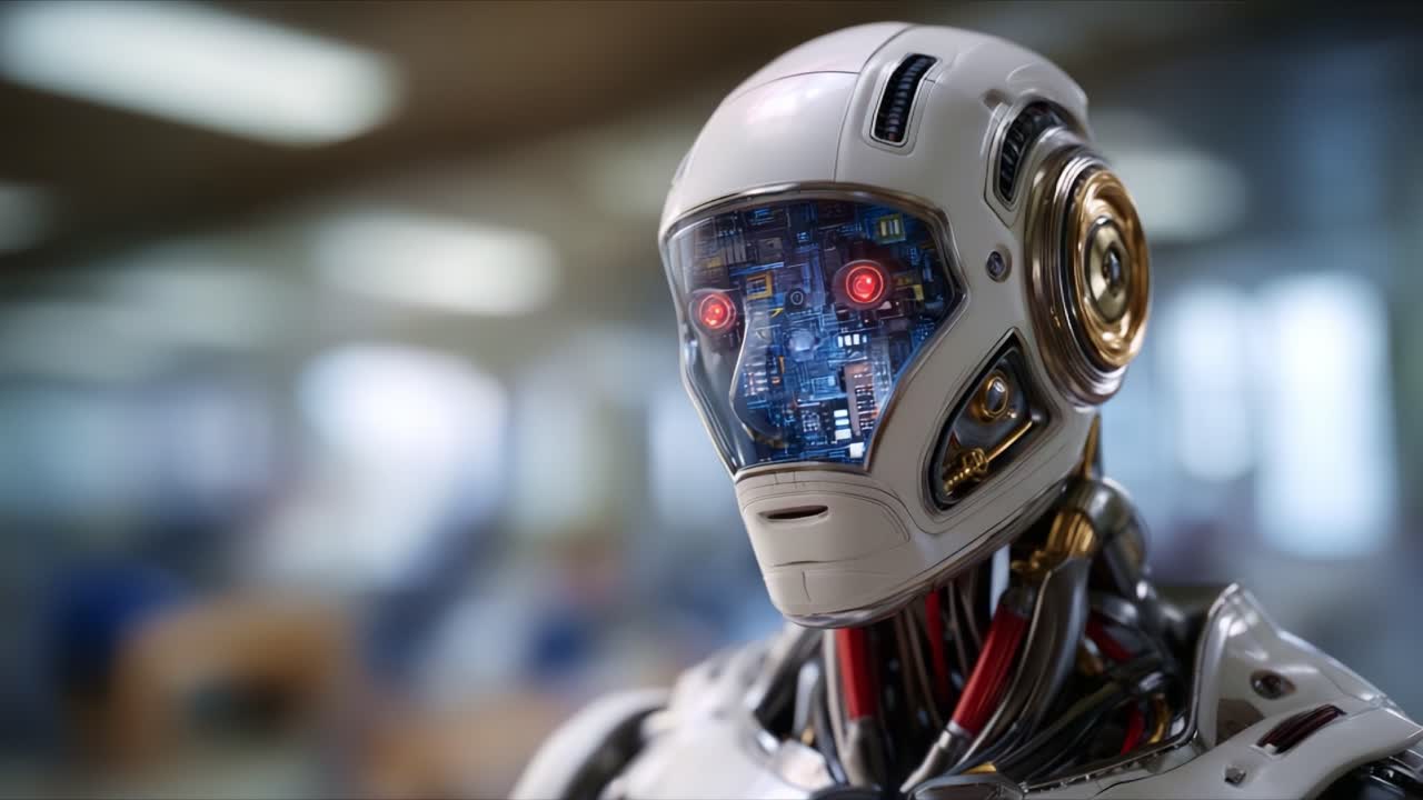 Gelecekçi insansı robot; gelişmiş devreler, parıldayan gözler ve karmaşık design ile modern bir ortamda teknolojik yenilik ve yapay zeka sergiliyor