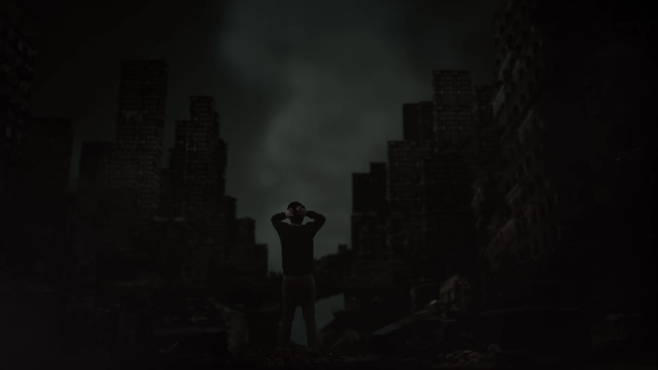 전쟁이 끝난 후 폐허가 된 도시 한가운데에 서있는 동안 절망에 빠진 머리카락을 통해 손을 문지르는 고통스러운 아시아 난민 남성의 전체 몸의 뒷면