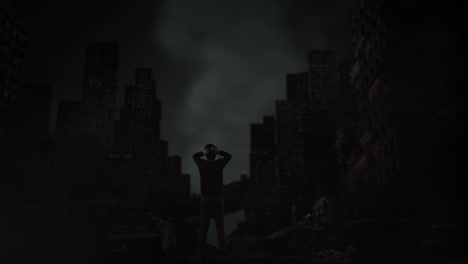 full body back view of distressed asian refugee male rubbing hands through his hair in despair while standing in the midst of a ruined city after a war