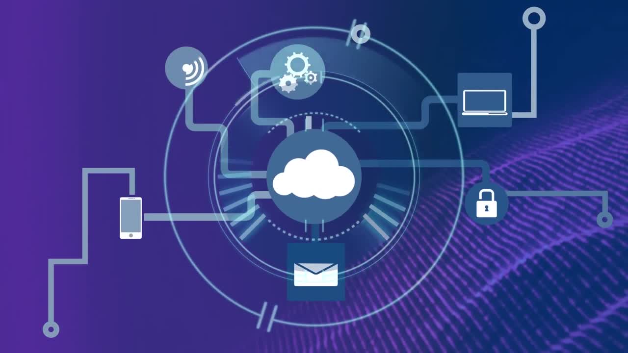 Animation of icons flowchart over loading circles and dynamic wave pattern on blue background