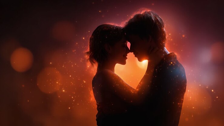 Étreinte intime de deux amoureux en silhouettes, entourés d’une lueur magique, mettant en valeur la beauté de la connexion et de l’affection dans une atmosphère onirique