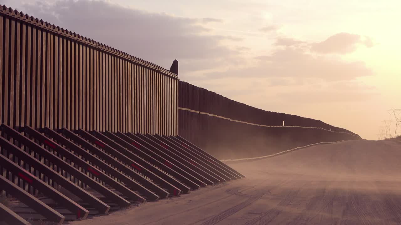 el polvo sopla al atardecer en el muro fronterizo en la frontera entre méxico y estados unidos cerca de las dunas de arena imperiales de california