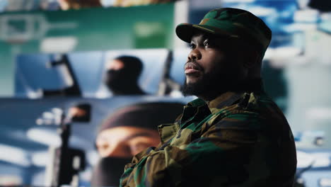 black soldier operating in a virtual war zone using digital technology