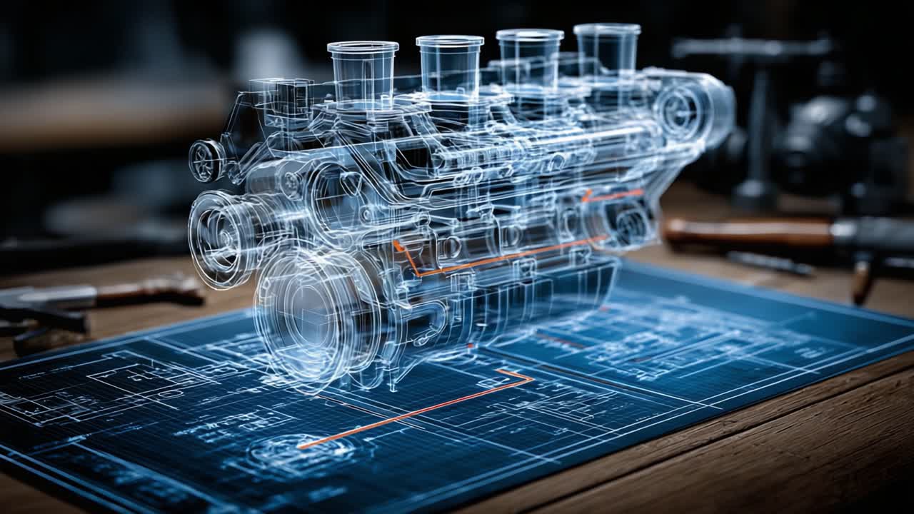 Detailed Representation of an Engine Blueprint with Transparent Design, Highlighting Inner Mechanisms and Components for Automotive Engineering and Development