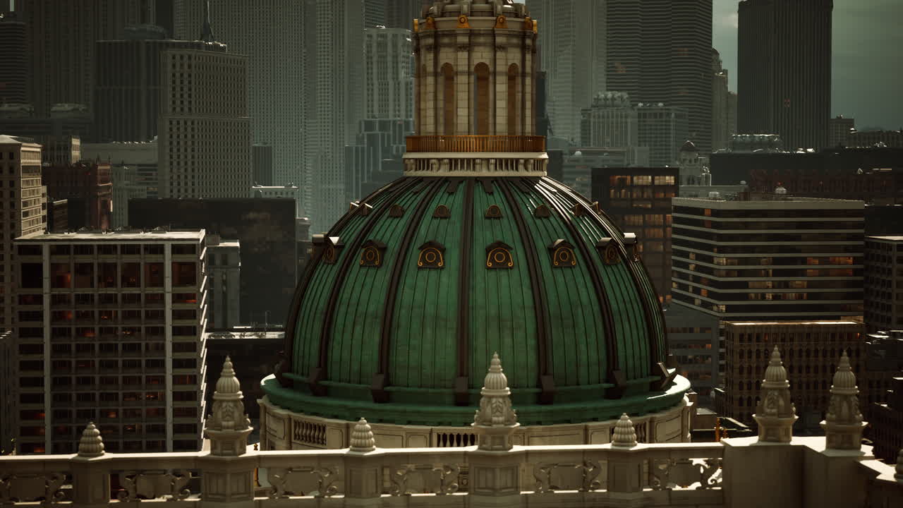 A view of a city with a large dome-shaped building