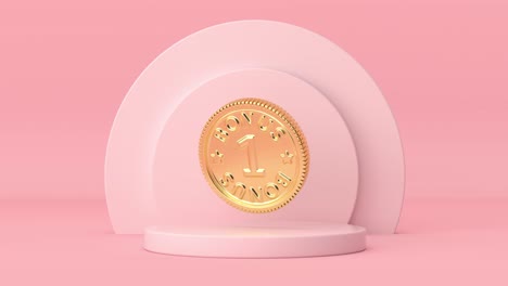 video de resolución 4k: dinero dorado una moneda de bonificación girando sobre cilindros rosados productos pedestal de escenario en una animación de bucle de fondo rosado