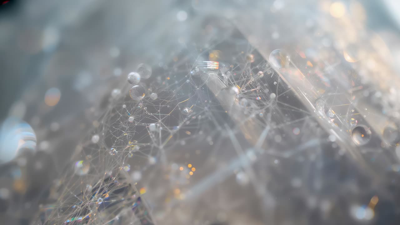 Veranderende focus, camera onthult vezelachtig netwerk in macro close-up om waterdruppels te laten zien, bokeh