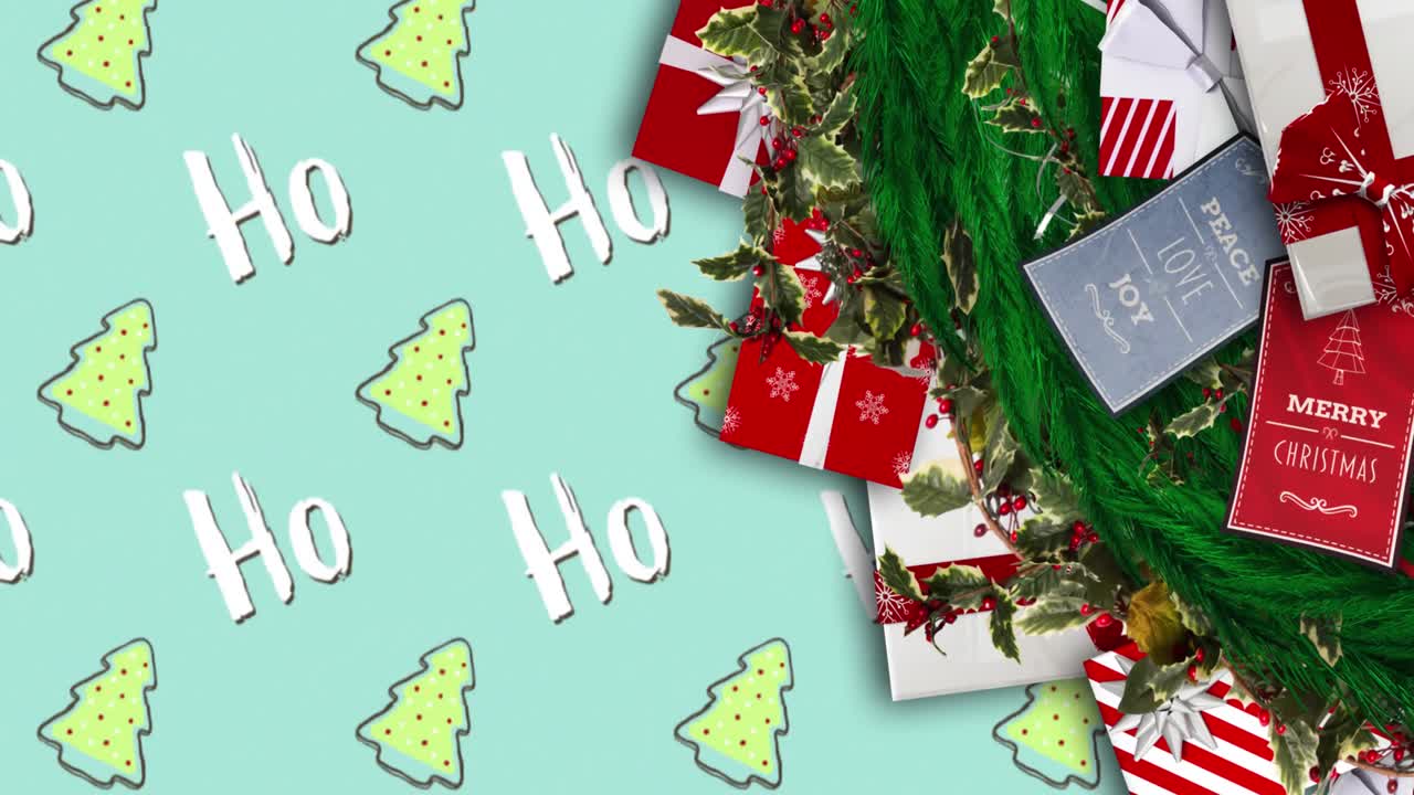 animación de ramas de abeto y regalos sobre texto ho ho