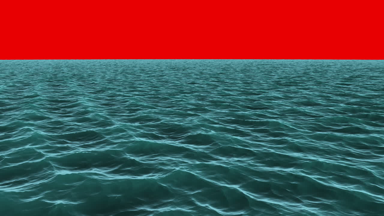 Still blue ocean under red screen sky 