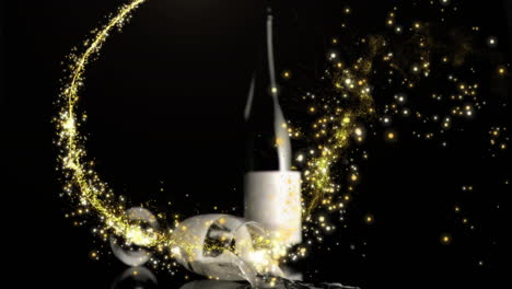 sparkling light trail animation over wine bottle and glass on dark background