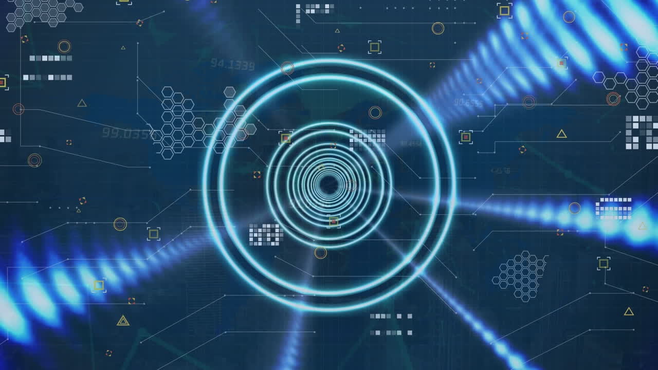 회전 터널의 애니메이션은 기하학적 모양과 검은 바탕에 회로판 패턴을 표시합니다.