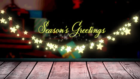 Animation-of-fairy-lights-and-seasons-greetings-text-over-wooden-boards