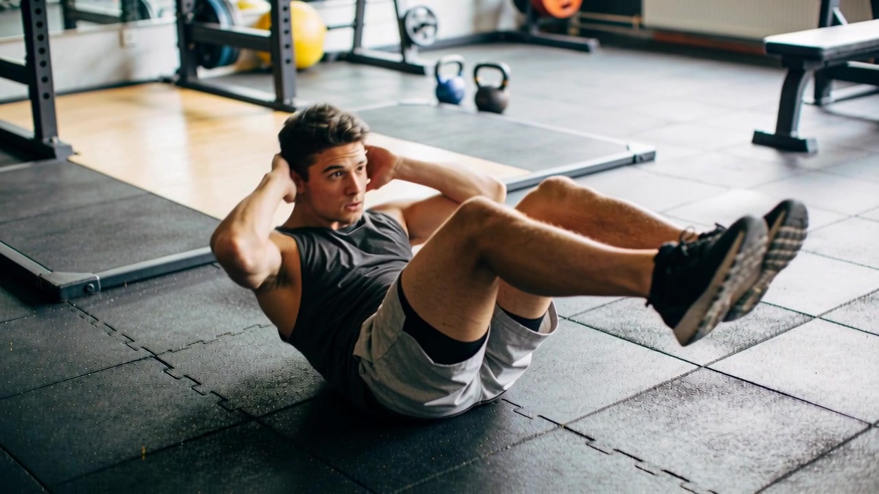 Uomo sdraiato che solleva e ruota, facendo crunch per il core sul pavimento della palestra, in canotta e pantaloncini, con un kettlebell.