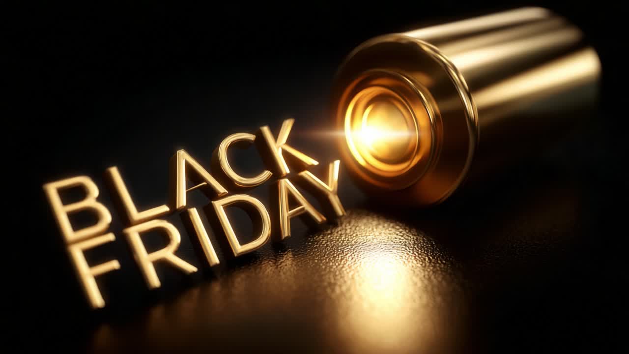 A striking representation of Black Friday featuring a golden bullet casing juxtaposed with bold lettering, symbolizing the high stakes and excitement of the shopping event