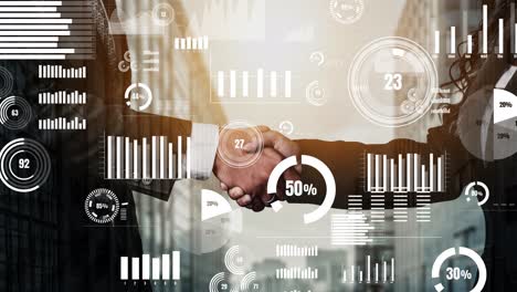 conceptual business handshake with dashboard for financial data analysis