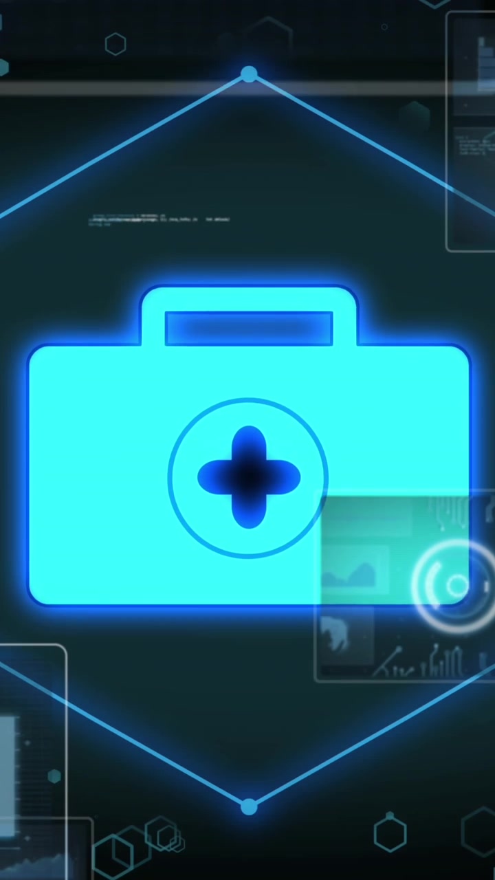 Animazione di elaborazione dati e kit medico su sfondo nero