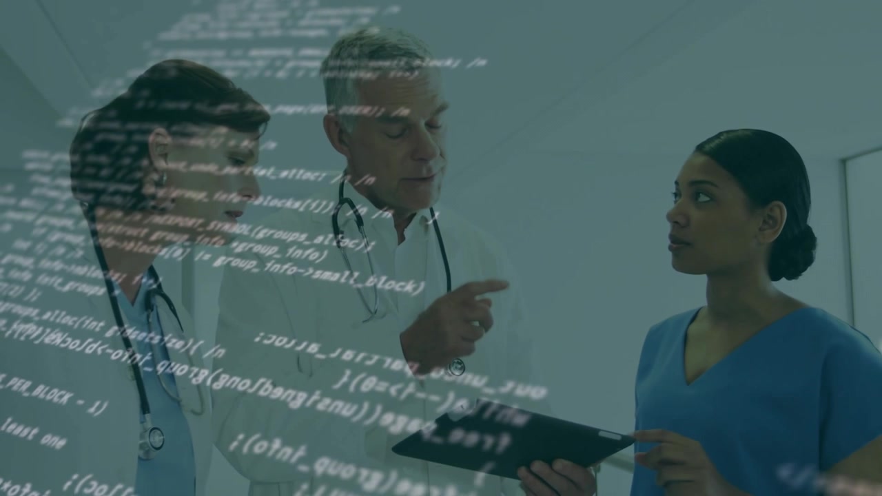 Medical team clinician tapping tablet and doctor pointing, reviewing patient data with code overlay