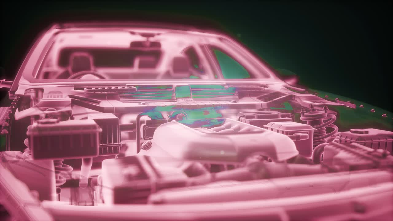 엔진이 있는 3d 와이어프레임 자동차 모델의 홀로그래픽 애니메이션