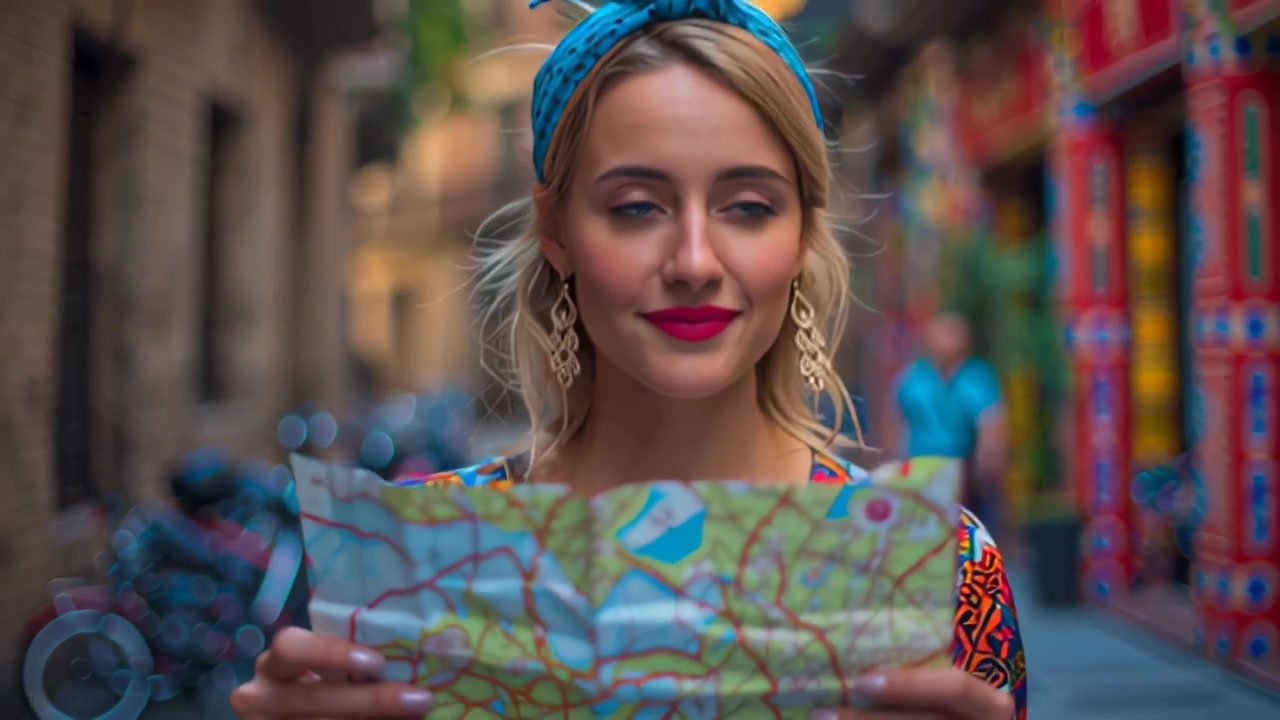 Riprese ravvicinate di una giovane donna elegante che tiene in mano e legge una mappa cartacea mentre cammina in una vivace strada cittadina con edifici colorati e un morbido effetto bokeh.
