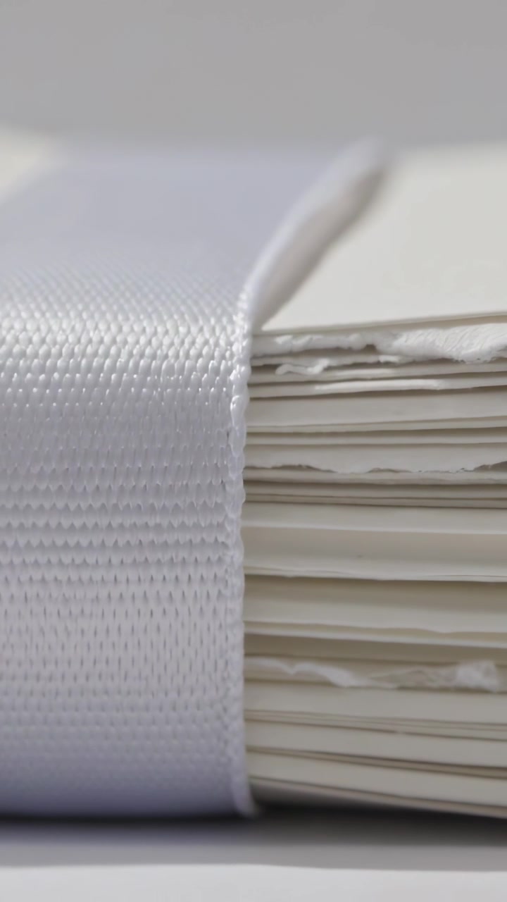 Vertical video: Pulling camera back, ribbon sliding across papers on table, showing deckled edges