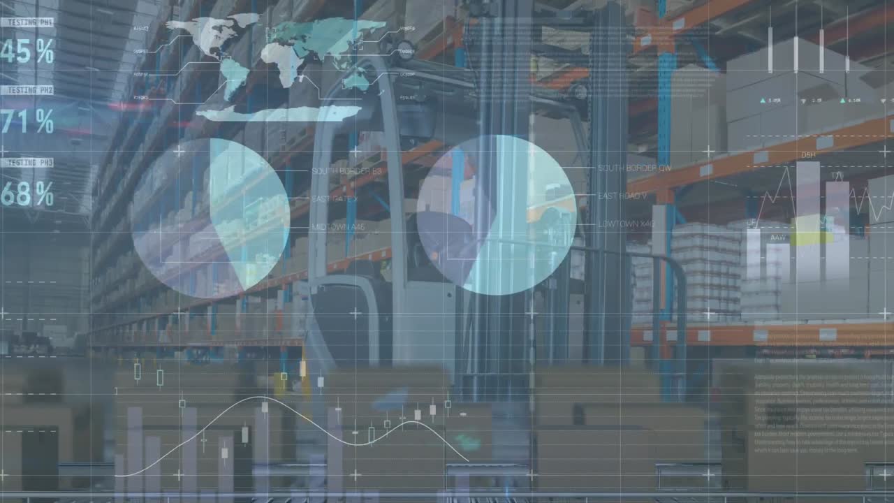 procesamiento de datos estadísticos en múltiples cajas en cinta transportadora contra el almacén