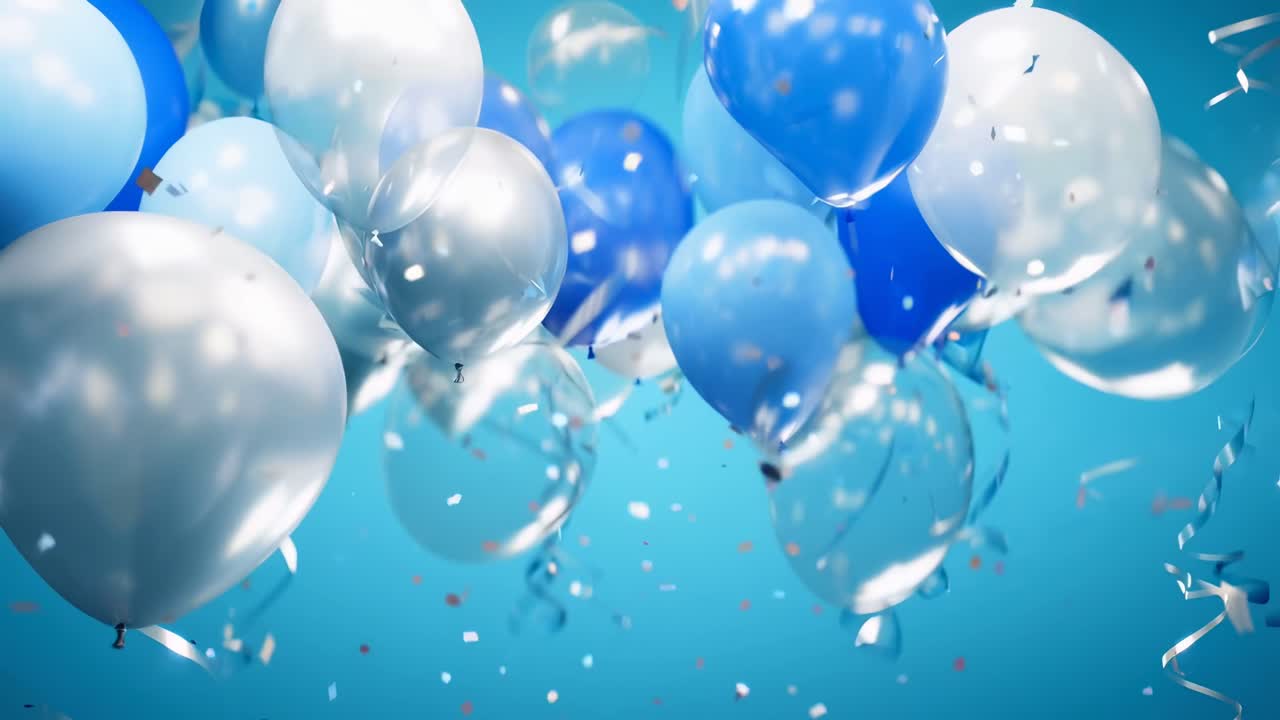 Escena de video festiva con globos azules y plateados flotando, capturada desde un ángulo bajo.