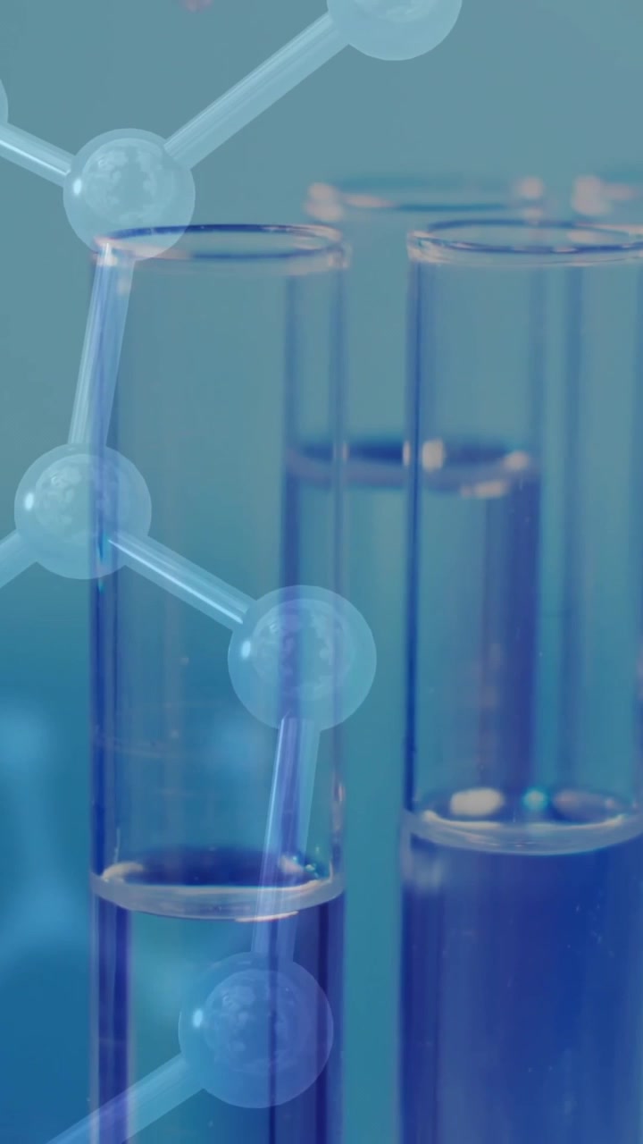 Animation of chemical structures over laboratory dishes on blue background