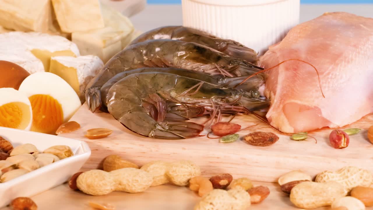 A variety of protein-rich foods including meat, shrimp, eggs, nuts, and milk displayed on a table.