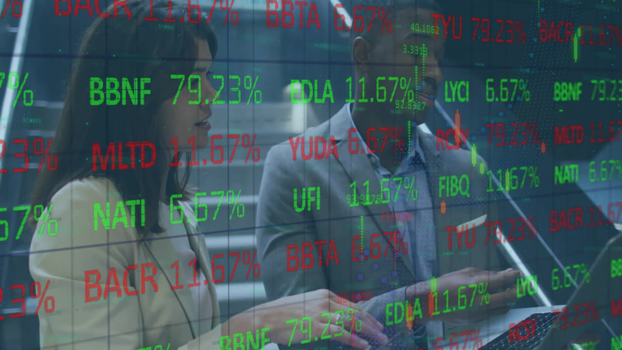 Animering av finansiell databehandling över olika affärsmänniskor på kontoret