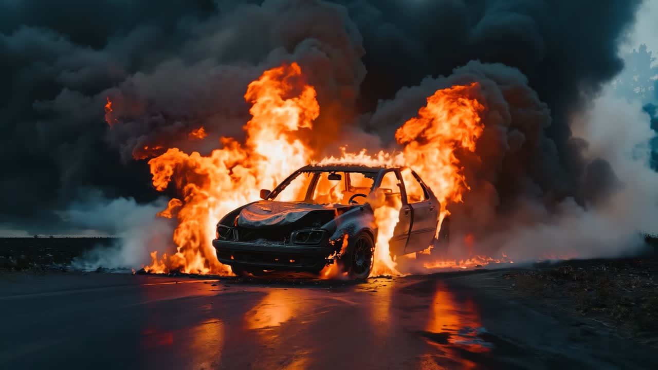 un coche en llamas al lado de la carretera