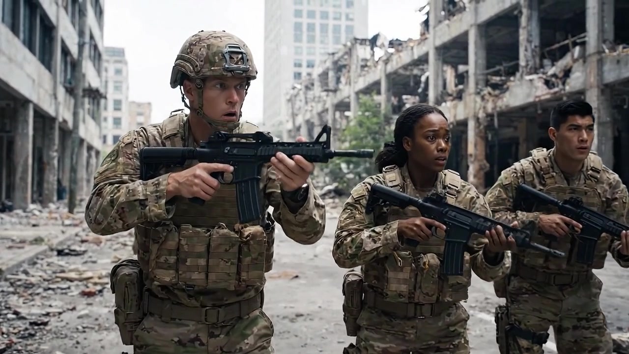 Personale militare in equipaggiamento tattico naviga in un ambiente urbano devastato tra rovine e distruzione, preparandosi a potenziali minacce e scontri.