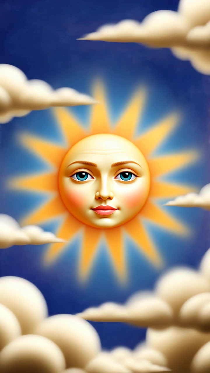 Animated Sun Character with Human Face Rising Above Clouds