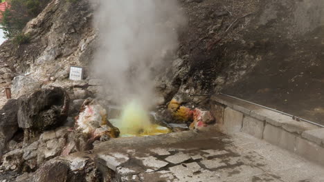 boiling acidic water in geothermal vent in furnas fumaroles, tourist site in sao miguel, azores, portugal