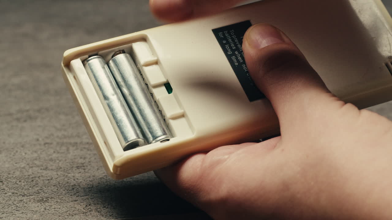 Adding silver batteries AA and AAA in remote controller TV close-up. Batteries are common in portable electronic devices. An AA battery is composed of a single electrochemical cell that may be either a primary battery or a rechargeable battery. Several different chemistries are used in their constru