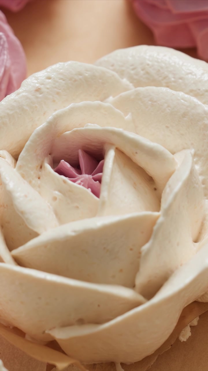 Primo piano di una decorazione di crema a forma di rosa bianca con centro rosa. Lo sfondo presenta elementi in tessuto sfocati. L'illuminazione evidenzia i dettagli della glassa su carta da forno, creando