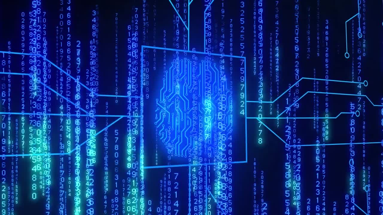 animación del cerebro biométrico, codificación binaria y procesamiento de datos.