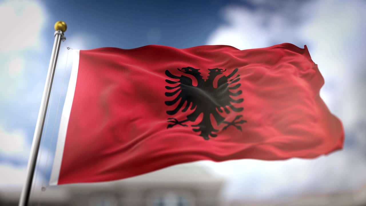 Albania Flag Waving Slow Motion 3D Rendering Blue Sky Background - Seamless Loop 4K