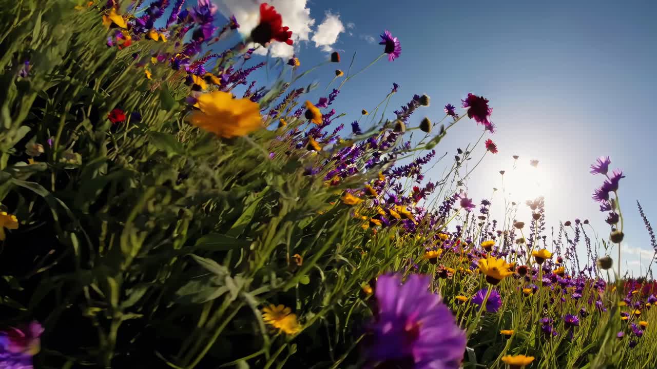 L'obiettivo fisheye cattura un vivace campo di fiori viola e gialli sotto un cielo blu