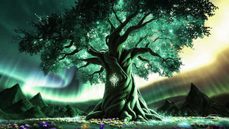 enchanted trees under vibrant aurora borealis