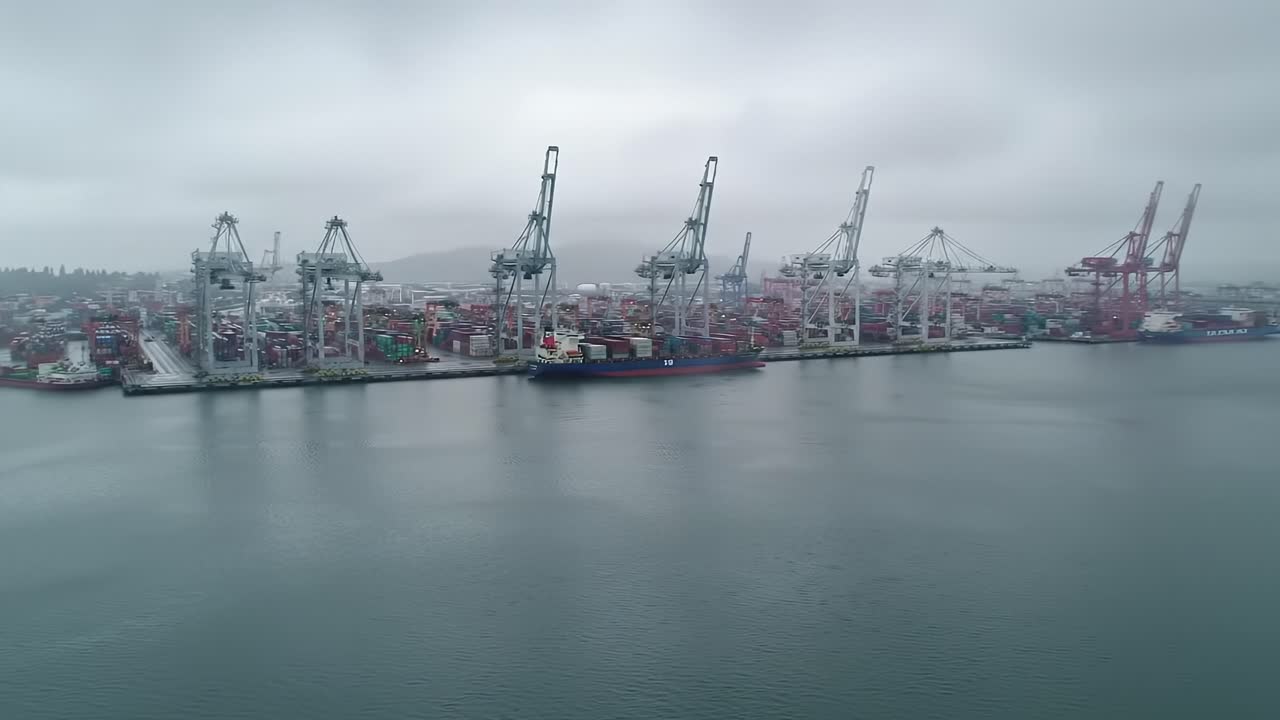 Aerial Views of a Busy Port: Container Ships, Cranes, and Fog Shrouded Waterfront Operations Captured in Two Distinct Frames