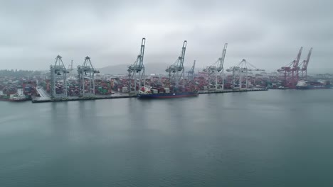 aerial views of a busy port: container ships, cranes, and fog shrouded waterfront operations captured in two distinct frames