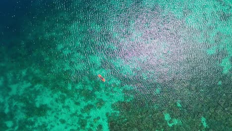 Vista-Aérea-Del-Turista-Remando-De-Pie-En-El-Mar-Azul-Turquesa-Con-Reflejo-De-La-Luz-Del-Sol