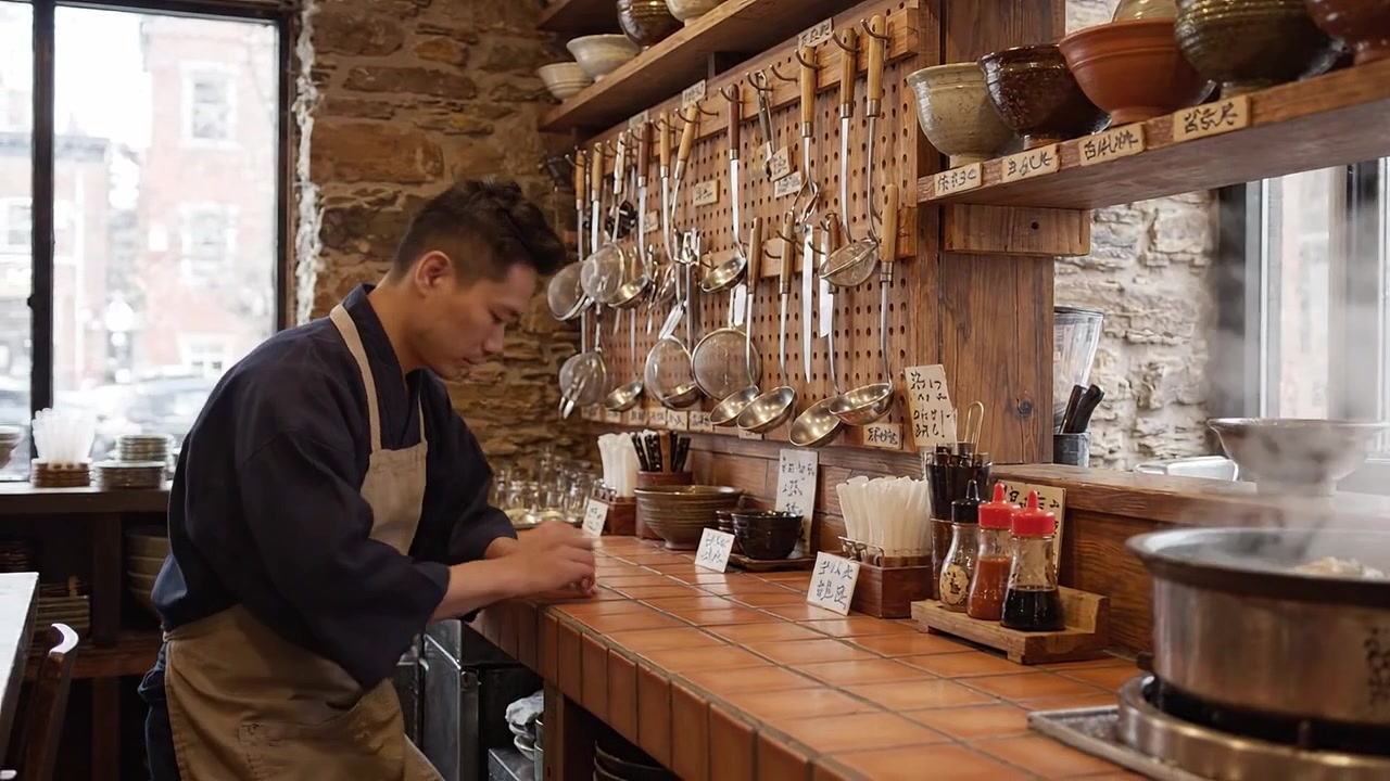 Chef dedicato che si prepara per il servizio in una cucina accogliente, mostrando utensili da cucina e ingredienti esposti lungo il bancone in legno.