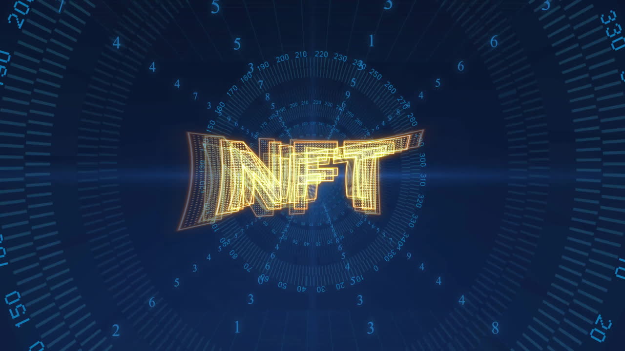 Digital numbers in blue animation with futuristic NFT text in background