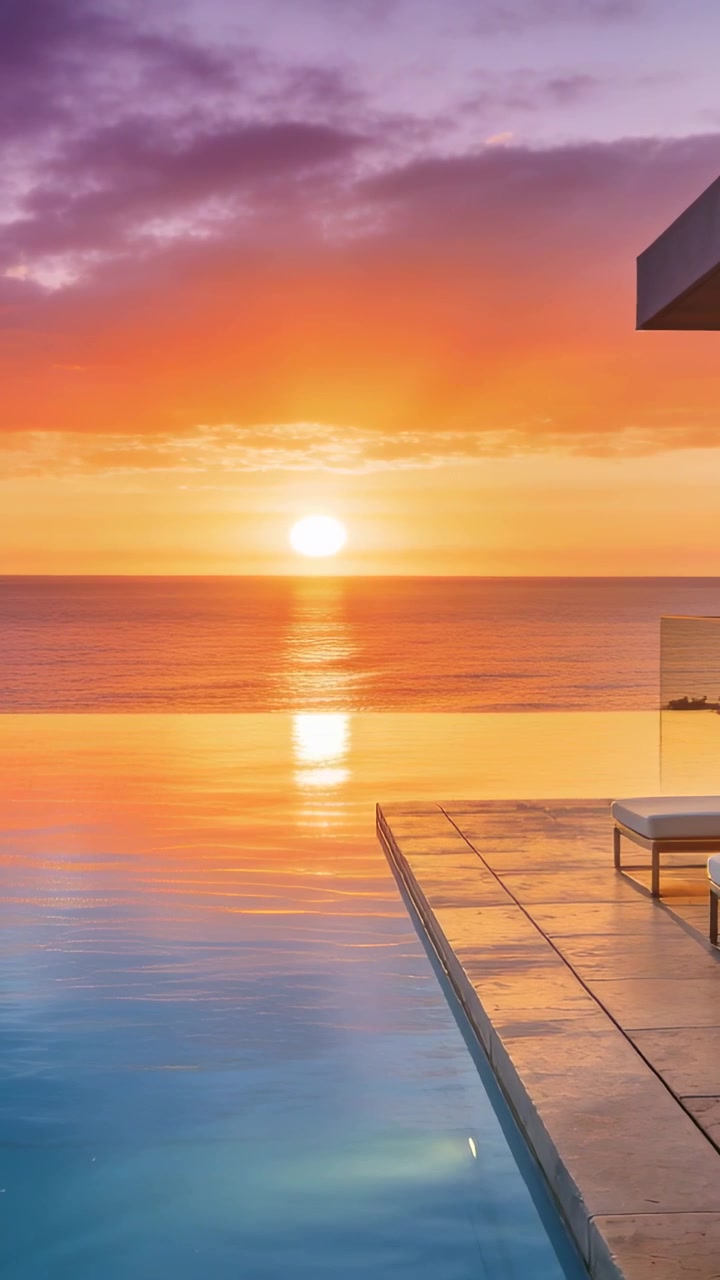 Vertical video: Sinking sun reflection sliding down horizon on deck at dusk, infinity pool glowing